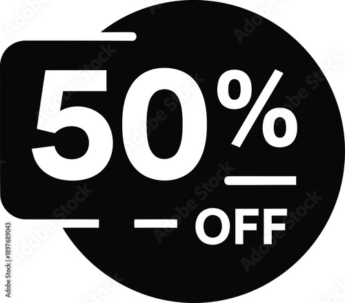 A black and white graphic illustration of a 50% off discount tag, indicating a half-price sale or promotion for retail or online shopping.