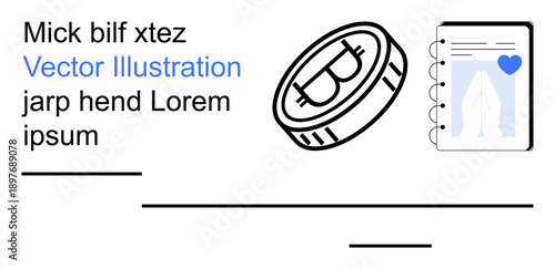Cryptocurrency, technology, finance, blockchain, note-taking, love for tech. Cryptocurrency coin and notebook with heart icon on a minimal layout. Cryptocurrency and technology