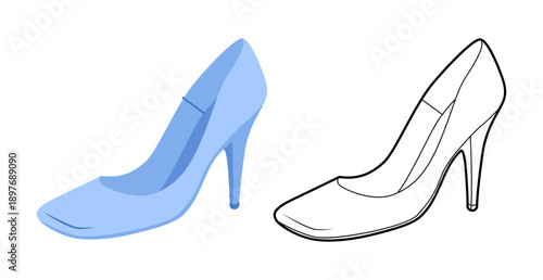 Pump women blue square toe heel flat plus line set. Modern dress footwear with clean lines for office, urban outfit. Technical illustration, CAD mockup, mixed vector men unisex isolated chic style.