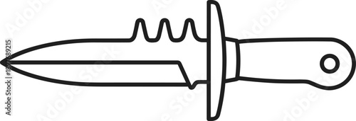 Illustration of a dagger with a pointed tip and serrated edge, isolated on a simple background