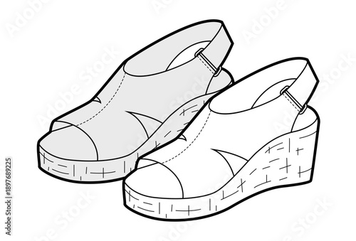 Espadrille wedge sandal shoe women sketch pair. Peep toe slingback sandal with jute wedge for casual summer outfit. Technical fashion illustration CAD mockup vector man unisex isolated classic style.