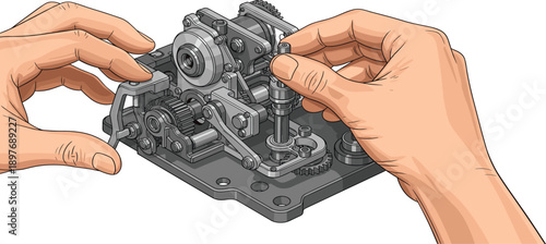 Hands assembling mechanical device with various parts and tools on a plain background from a top view