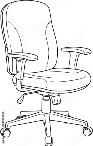 An office chair with adjustable height and armrests on a wheeled base is depicted in a simple line drawing style.