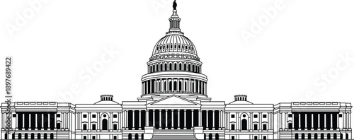 The United States Capitol Building illustrated in a detailed black and white architectural drawing from a frontal viewpoint