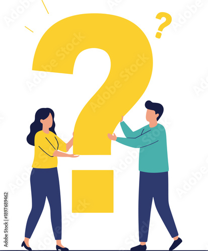 Man and woman holding a large question mark together in a puzzled gesture