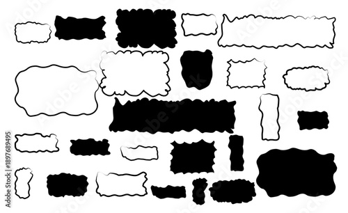 Set of monochrome black wavy outlines. Irregular rectangle contours and soft edges for text frames, card borders and minimal layouts. Single line silhouette vector illustration.