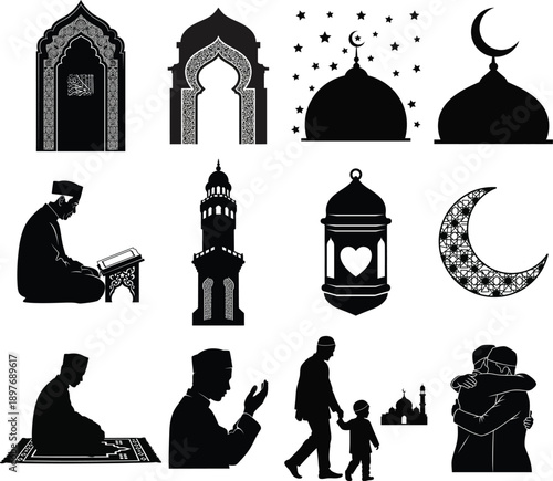 Islamic vector silhouette set: mosque domes, arch, minaret, crescent moon, lantern, praying men, father and son, hugging couple, isolated on white