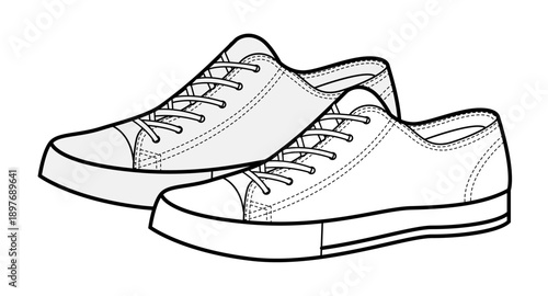 Low top canvas sneakers shoe sketch pair. Classic fabric footwear street style, everyday outfit for man woman unisex. Technical fashion illustration, CAD mockup, detailed vector isolated vintage style