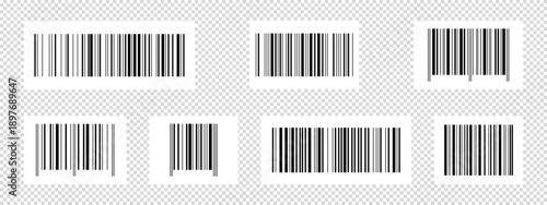 Set of empty barcode stickers isolated on transparent background. Bar code tags templates. Visual data digital representation with product or manufacturer information. Vector graphic illustration
