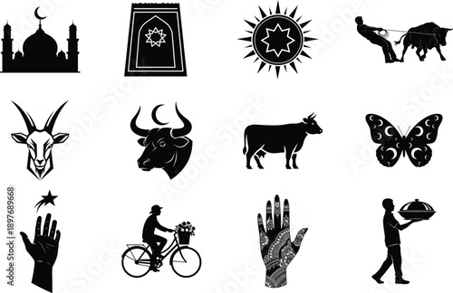 Black vector icons set: mosque, prayer rug, sun, bull, goat, cow, butterfly, hand, cyclist, mehndi hand, waiter, isolated on white