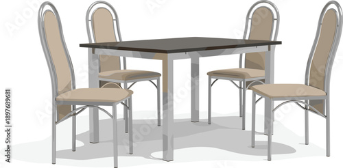 Modern dining setup featuring a sleek table surrounded by four beige upholstered chairs, viewed from a slightly elevated angle