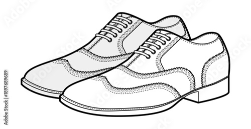 Brogue mens lace shoes sketch pair. Perforated leather footwear with classic wingtip detail smart casual office style. Technical illustration CAD mockup sketch vector outline isolated on white