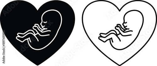 Fetus in heart vector icon set, black and white outline, pregnancy and maternity care concept, isolated on white