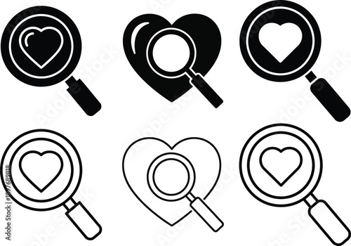 Vector black and white heart search icon set, magnifying glass over heart symbol, love find concept, isolated on white