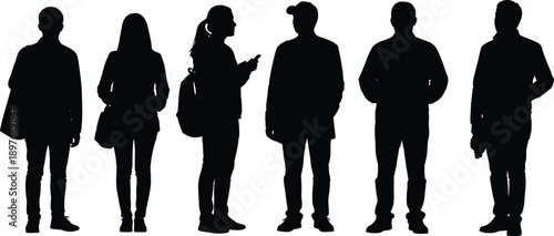 Abstract representation of a diverse human crowd, featuring standing male and female silhouettes in various poses, reflecting social interaction and public gathering