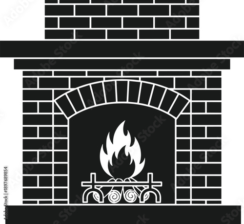 Illustration of a fireplace with burning flames in a brick hearth viewed from the front
