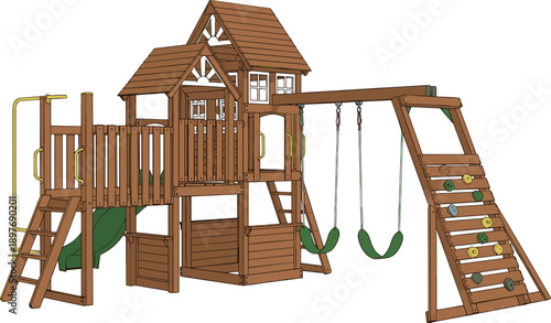 Expansive wooden backyard playset featuring a multi-level fort, durable swings, exciting slides, and a challenging climbing wall, ideal for children's outdoor adventures and active developmental play