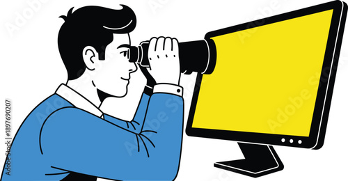 Man with a telescope looking at a computer screen, representing focus, exploration, and digital observation
