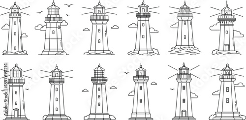 Collection of Various Lighthouses Isolated on White Background Iconic Coastal Beacons for Maritime Navigation