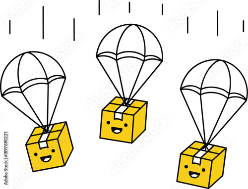 Smiling gift boxes descending with parachutes, symbolizing fast and joyful delivery services