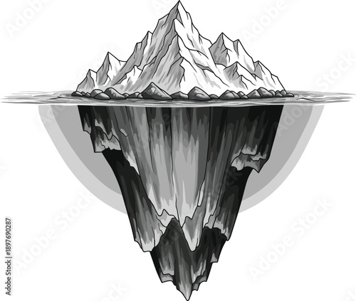 An iceberg with a mountainous peak visible above the waterline, while the majority of its mass remains submerged, shown in a grayscale illustration from a side viewpoint.