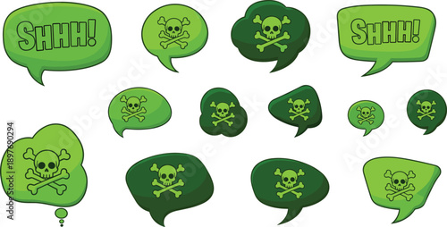 Collection of green speech bubbles with skull and crossbones symbols and text SHHH indicating secrecy or danger in a digital illustration