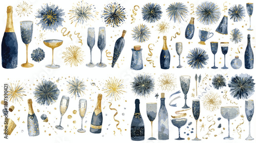 Festive blue and gold celebratory elements for luxury event design, vector graphics