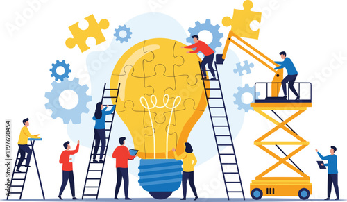 Teamwork and collaboration assembling a giant lightbulb with puzzle pieces on ladders and a lift