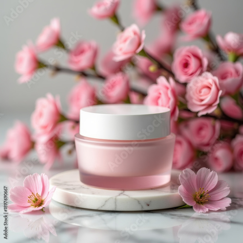 Wallpaper Mural Cosmetic jar on marble with spring flowers Torontodigital.ca