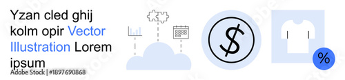 Cloud computing, financial management, e-commerce, analytics, technology integration, retail shopping. Set of icons including a cloud graph, dollar sign and shirt with a percentage. Cloud computing