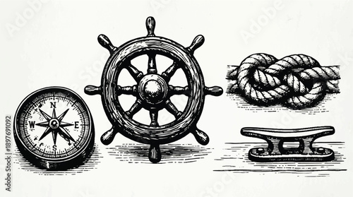 Nautical compass and maritime elements for adventure and travel themes, vector illustration