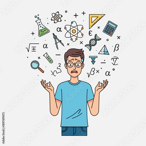 A cartoon man with a puzzled expression standing with hands raised surrounded by floating vector math and science symbols.