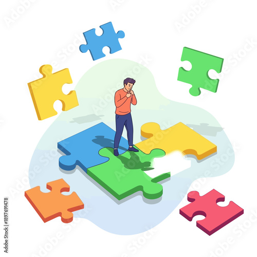 A man in an orange shirt stands thoughtfully on a green puzzle piece surrounded by colorful puzzle pieces in various positions against a white background with a subtle shadow effect.