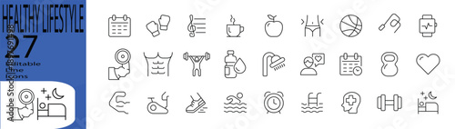 Healthy LIfestyle icon set. Editable stroke. Vector illustration.
