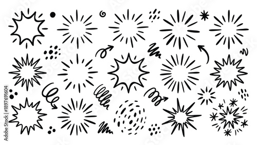 Hand drawn doodle burst elements with organic ink strokes and natural imperfect lines. Dynamic abstract shapes for branding, social media, and UI decoration. Isolated vecto style illustration