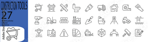 Construction Tools icon set. Editable stroke. Vector illustration.