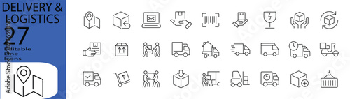 Delivery & Logistics icon set. Editable stroke. Vector illustration.