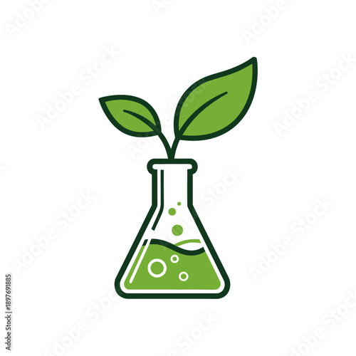 Green laboratory flask with growing plant and liquid.