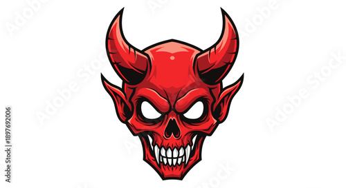Red Cartoon Devil Skull with Horns.