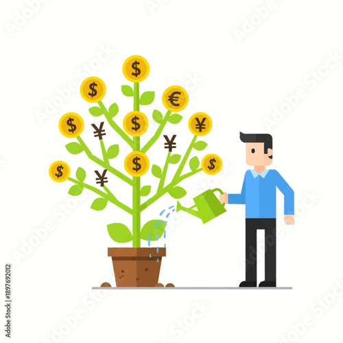 A man in a blue shirt waters a potted plant with dollar sign coins growing on it, conveying financial growth in a vector illustration.