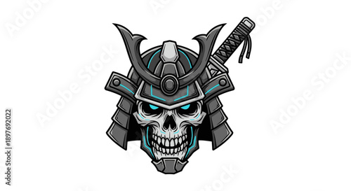 Skull Wearing Samurai Helmet with Sword.