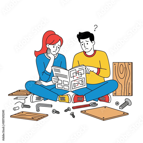 A young couple sits on the floor surrounded by tools and wood pieces, looking confused while trying to assemble furniture with instructions.