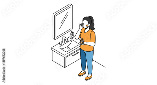 Woman standing using computer and phone.