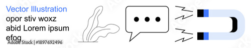 Digital marketing, audience engagement, communication, branding, customer attraction, social media. A magnet attracting a speech bubble with organic leaves. Digital marketing and audience engagement