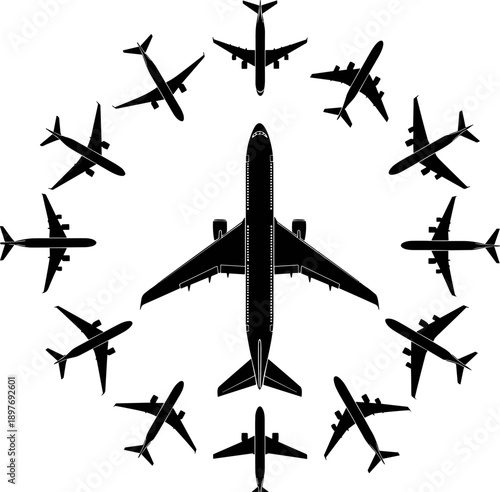 Commercial airplane silhouette composition showing multiple aircraft arranged in circular formation around central jet for aviation, air travel, transport technology, global flight network,