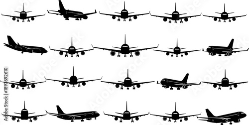 Commercial airplane silhouettes collection showing front and landing views, passenger aircraft set isolated on white background, aviation, air travel, transportation and airline industry concept