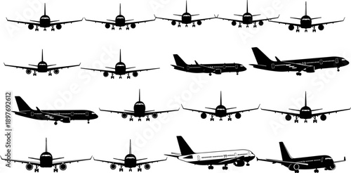 Commercial passenger airplane silhouette collection showing front and side views of jet aircraft during landing and approach for aviation, air travel, transport, and design use