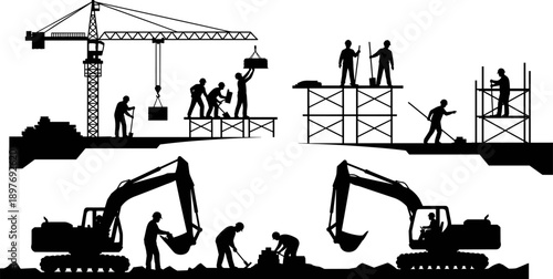 Construction site silhouette illustration showing workers, tower crane, excavators, scaffolding, and heavy machinery for civil engineering, infrastructure development, building industry, safety, 