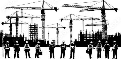 Construction site silhouette with tower cranes and workers illustrating urban development, civil engineering, safety, infrastructure growth, and building industry concept architecture project design
