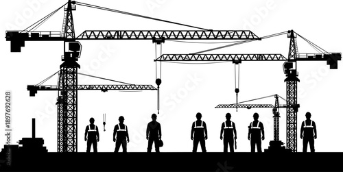 Construction worker silhouettes with tower cranes on urban building site, heavy industry teamwork concept, civil engineering development and infrastructure 